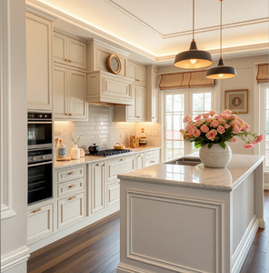 Ensemble d'armoires de cuisine de style américain classique avec îlot, design Shaker blanc crème et moulures de plafond, sur mesure pour la maison - Product Image 1
