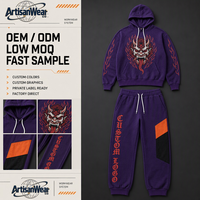 Ensemble deux pièces personnalisé pour homme : sweat à capuche violet avec motif démon flamboyant et pantalon de jogging à cordon avec poche color block OEM ODM