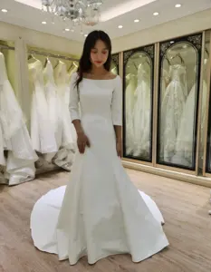 2021 여성을위한 간단한 새틴 웨딩 신부 드레스 보트 넥 3/4 슬리브 vestidos 드 노비 중국