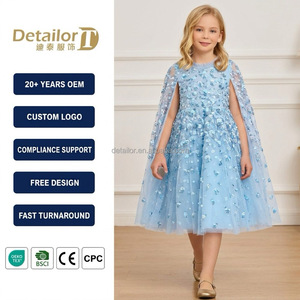 Vêtements de créateurs pour enfants, robe de luxe pour filles avec broderie 3D, robe de soirée en tulle avec cape amovible, mode enfant - Product Image 1