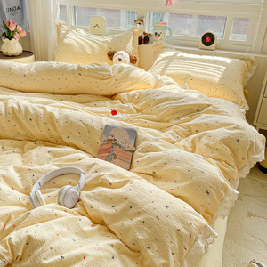 Ensemble de quatre pièces en gaze double couche, housse de couette en dentelle en pur coton, 4 draps, motif végétal, 200TC, style européen-américain, toutes saisons - Product Image 2