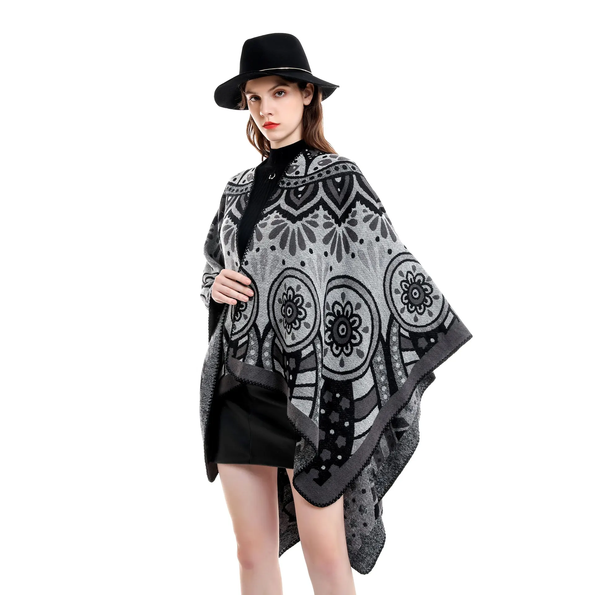 female shawl coat fashion flowers street geometric cardigan autumn winter long cape