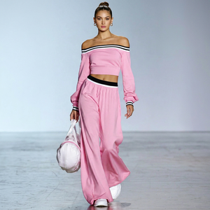 Women <b>Pink</b> <b>Off</b> <b>Shoulder</b> Two Piece Set Long Sleeve Crop <b>Top</b> Wide Leg Pants Sporty Tracksuit - Product Image 1