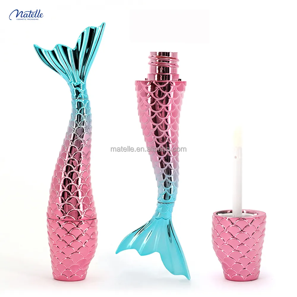 pink mixed blue fish shaped unique twistable vintage mermaid lip gloss tubes with brush