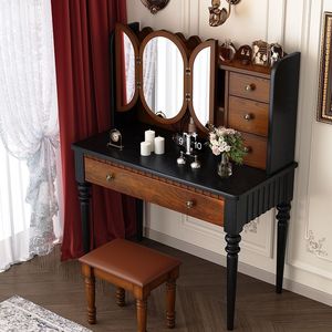 Tocador de Madera Maciza de Roble Estilo Francés Antiguo Retro, Escritorio con Cajones Estilo <span class=keywords><strong>Americano</strong></span>, Gabinete de Almacenamiento con Espejo y Taburete de Maquillaje - Product Image 6