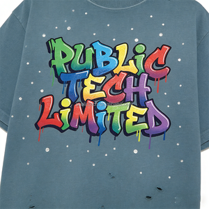 T-shirts vintage pour hommes, style streetwear printanier, imprimé graffiti avec strass, artisanat lourd personnalisé, coton, t-shirt décontracté - Product Image 2