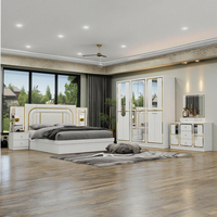 DAVINI Ensemble de meubles de chambre à coucher modernes pour villa et hôtel, grand lit king size, tête de lit éclairée avec rangement, 5+ tiroirs, laque beige brillante