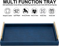 Plateau en bois avec poignées en métal doré, plateau de service et de table basse décoratif en cuir shagreen bleu marine pour la décoration de la maison