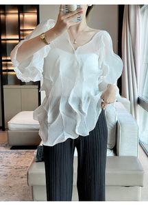 Camicette alla Moda Plissettate Casual T-shirt di Alta Qualità Arricciata Delicata Sottile Protezione Solare Top Bluse - Product Image 3