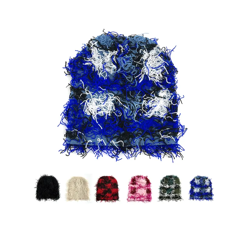High Quality Fur Furry Fuzzy Luxury Beanie Warm Knitted Hats Custom Logo Grassy Winter Acrylic Camouflage Knit Beanie Skull Cap