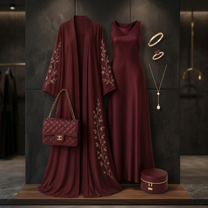 Burgundy Silk Elegant Dubai <b>Abaya</b> Floral Embroidery Sleeveless Floor Length Loose Fit Modest High Quality Wedding <b>Dress</b> Women - Product Image 2