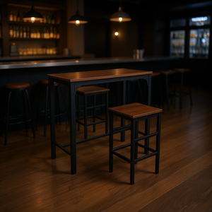 Ensemble table et tabourets de bar industriels modernes, plateau en bois, structure métallique, rectangulaire, mobilier commercial durable - Product Image 2