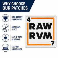 Patchs brodés personnalisés en velcro pour streetwear, RAW RVM, badge logo texte urbain, patchs thermocollants pour vêtements de marque, sweats à capuche