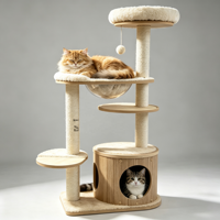 Arbre à chat en bois DuoDen à double étage, avec double entrée, maison pour chat, capsule spatiale, poteaux à gratter en sisal, emballé en carton, pour usage intérieur