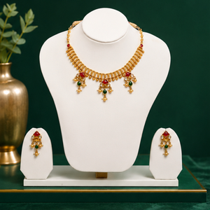 Traditional Gold Short <b>Necklace</b> Set with <b>Ruby</b> Emerald Drops Pearl Dangling Design and Elegant Matching Ethnic Earrings - Product Image 4