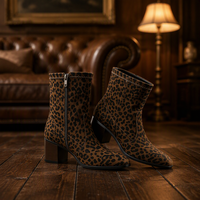 Bottes mi-mollet en daim à imprimé léopard, bout pointu, talon bloc empilé, imprimé animal, fermeture éclair latérale, chaussures automne-hiver pour OEM ODM