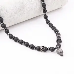 High Quality New Design Natural Stone Necklace For Man Lava Beads Skull Pendant Charm Men Necklace