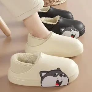 Men winter home indoor waterproof upper closed toe fuzzy slippers cute fashion dog thick sole non-slip women school shoes