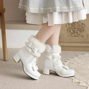 Botines de piel sintética blanca con puño de pelo, doble lazo frontal, cordones, punta redonda, plataforma y tacón medio de bloque, estilo dulce para chicas, envío directo - Product Image 3