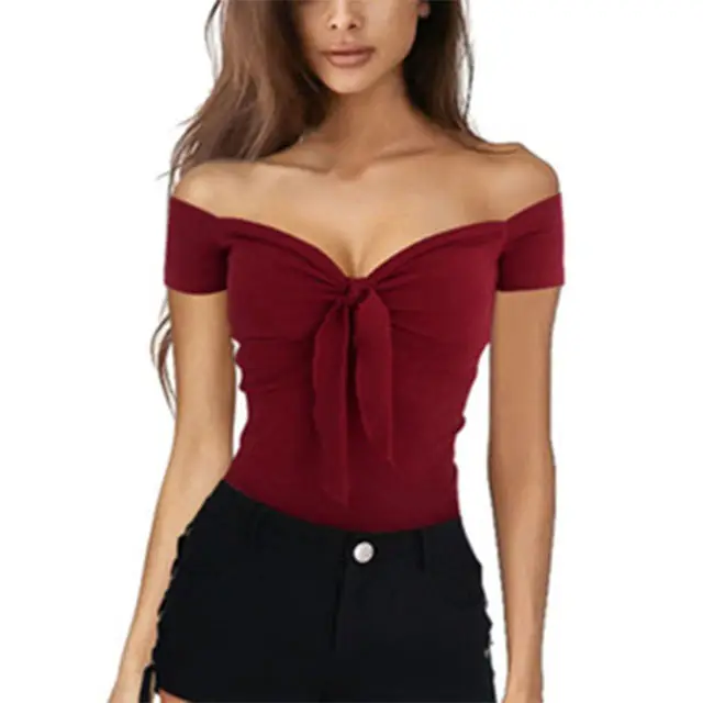 wholesale fit size slim off the shoulder t shirts tie sexy women tops and blouses custom womens sweatshirt crop tops formal