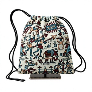 Sac à dos bohème à cordon de serrage avec motif ethnique en tissu de coton, unisexe, portable, pour usage quotidien - Product Image 1