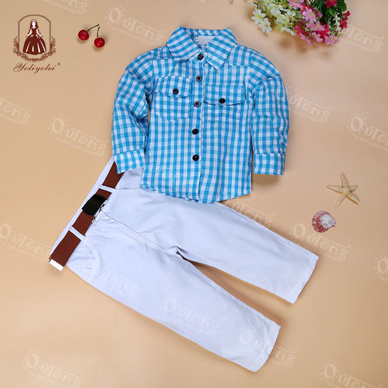 High Quality Cotton Wholesale Plaid Shirt White Pant Boutique Clothes Suit Casual Wear Children Kids Teen Boys Clothing 