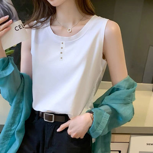 White Sleeveless Camisole Top With Buttons Women's Solid Color Polyester Base Layer Summer Vest Slim Fit T Shirt - Product Image 1