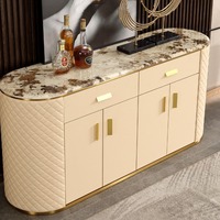 Buffet moderne de luxe en bois massif avec plateau en marbre et design en cuir, table console multifonctionnelle pour cuisine et salle à manger