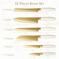 Ensemble de 6 couteaux de cuisine OEM, lames en acier inoxydable doré brossé, manche blanc mat, protège-lames, ambidextre, durable, personnalisé
