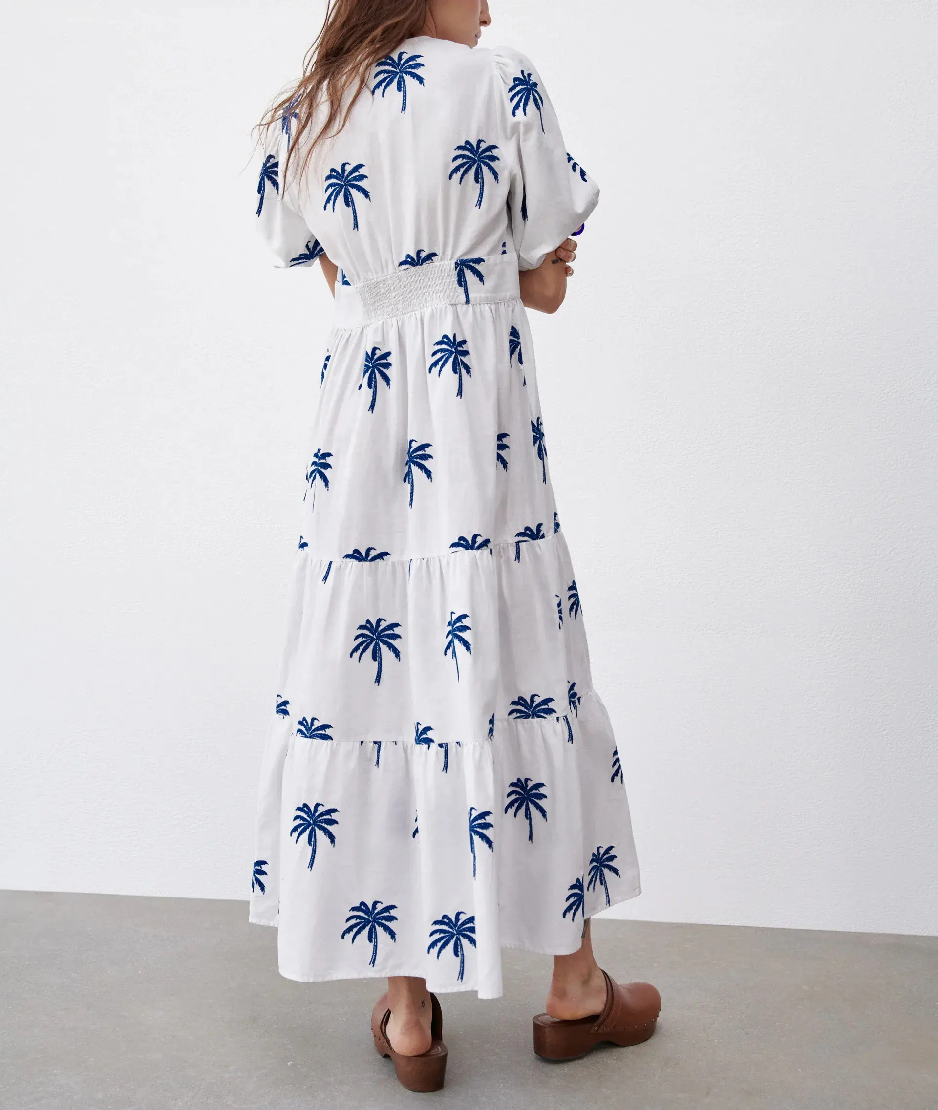 Longues robes de soleil Maxi vêtements d'été coton lin manches bouffantes personnalisé cocotier brodé blanc Maxi femmes robe de plage