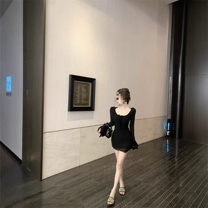Black Ruffled Round Neck Sheath Dress Slim Fit Mesh Mini Skirt Waist Cinching Hip Hugging Pure Alluring Style - Product Image 2