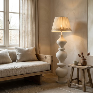 French Cream Style Gourd Sculpture Floor Lamp Rough Texture <b>Standing</b> Lamp Lace Trim Pleated Shade Home Decor Light - Product Image 3