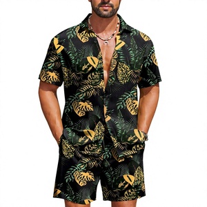 mens black yellow tropical pineapple monstera leaf print <b>short</b> <b>sleeve</b> lapel <b>button</b> <b>up</b> shirt matching <b>shorts</b> 2 piece set casual - Product Image 1