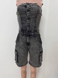 Tuta in denim da <span class=keywords><strong>donna</strong></span> alla moda primaverile a vita alta, tinta unita, senza maniche, con tasche, stile cargo casual, intera - Product Image 2