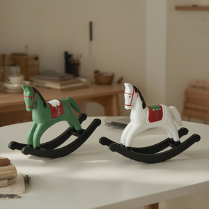 Cheval à bascule en bois, ornement de bureau, rouge, blanc, vert, style européen vintage, modèle pour salon, bureau, cave à vin - Product Image 2