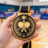 Médaille de Tennis de Table Personnalisée Plaqué Or Émail Noir Pagaies Croisées Relief 3D Récompense pour le Championnat