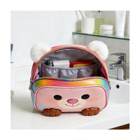 Pochette de maquillage en cuir PU avec fermeture éclair, motif ours mignon, dégradé arc-en-ciel, oreilles pompon, personnalisable avec logo, cadeau pour enfants et filles, vente en gros