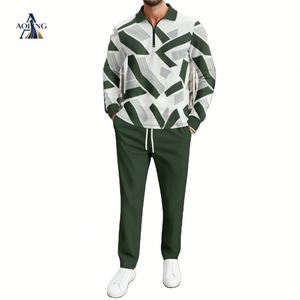2026 Musim Gugur Terlaris Pria Kaos Polo Lengan Panjang Setengah Resleting Bermotif Garis Dengan Celana Panjang Longgar Setelan Kasual Dua Potong - Product Image 4