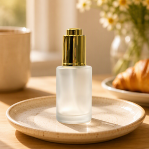 Emballage cosmétique de luxe, flacon compte-gouttes en verre givré de 30 ml avec bouchon doré brillant et pipette - Product Image 1