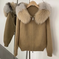 Nouveau pull en tricot à capuche décontracté automne/hiver avec col en vraie fourrure de renard, fermeture éclair courte – Vêtement d'extérieur élégant et polyvalent pour femme