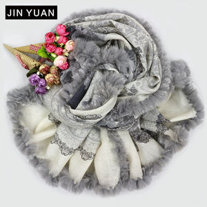 Écharpe d'hiver personnalisée en pure laine mérinos Écharpes en laine bordée de fourrure imprimée pour femmes Châle Pashmina <span class=keywords><strong>Poncho</strong></span> - Product Image 5