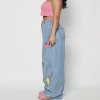 Plus Size High Waist 300GSM Zuiver Katoen Ademend Gewassen Wijde Pijpen Dames Jeans, Bloemen & Fruit Borduurwerk Losse Casual Veelzijdige