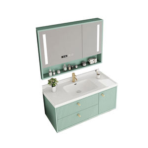 Mueble de Baño Flotante Personalizado con 3 Cajones, Color Macaron, con Espejo LED, Estante Abierto y Lavabo de Cerámica para Hotel - Product Image 6