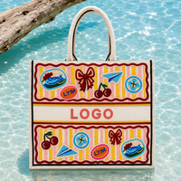 Sac fourre-tout de voyage rayé perlé, sac à main de plage en toile cerise avec nœud d'été, sac à perles personnalisé, vente en gros