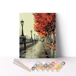 Peinture à l'huile par numéros pour débutant, cadeau artisanal, pont sur les arbres d'érable, paysage de rue de Paris, bricolage