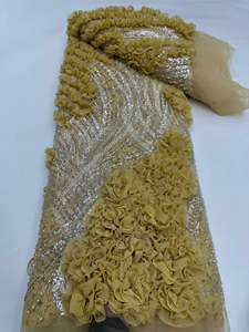 قماش دانتيل جديد من NI.AI بتطريز زهور، نسيج شبكي مخطط مع ترتر لامع، قماش دانتيل مزين باللؤلؤ والخرز - Product Image 6