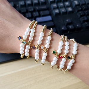 BC1348 delicato piccolo oro placcato perline <span class=keywords><strong>con</strong></span> perle perline elastico <span class=keywords><strong>bracciale</strong></span> <span class=keywords><strong>con</strong></span> piccolo piccolo piccolo fascino stella CZ - Product Image 2