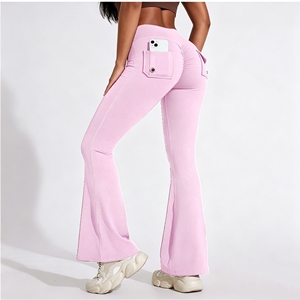 Women High Waist Elastic Waist Flare Yoga <b>Pants</b> with Back Pockets <b>Butt</b> <b>Lifting</b> Quick Dry Workout Leggings - Product Image 2