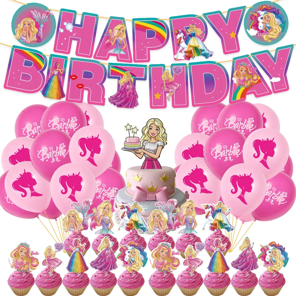 गुलाबी गुड़िया थीम गुब्बारे सेट किट बच्चे लड़की जन्मदिन की पार्टी कार्टून बैनर केक अव्वल सेट शादी की आपूर्ति
