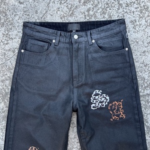 Jeans en denim ciré pour homme de haute qualité, logo personnalisé, style Y2K, taille plus, patchwork de fourrure, ample, droit, jambe large, noir - Product Image 3